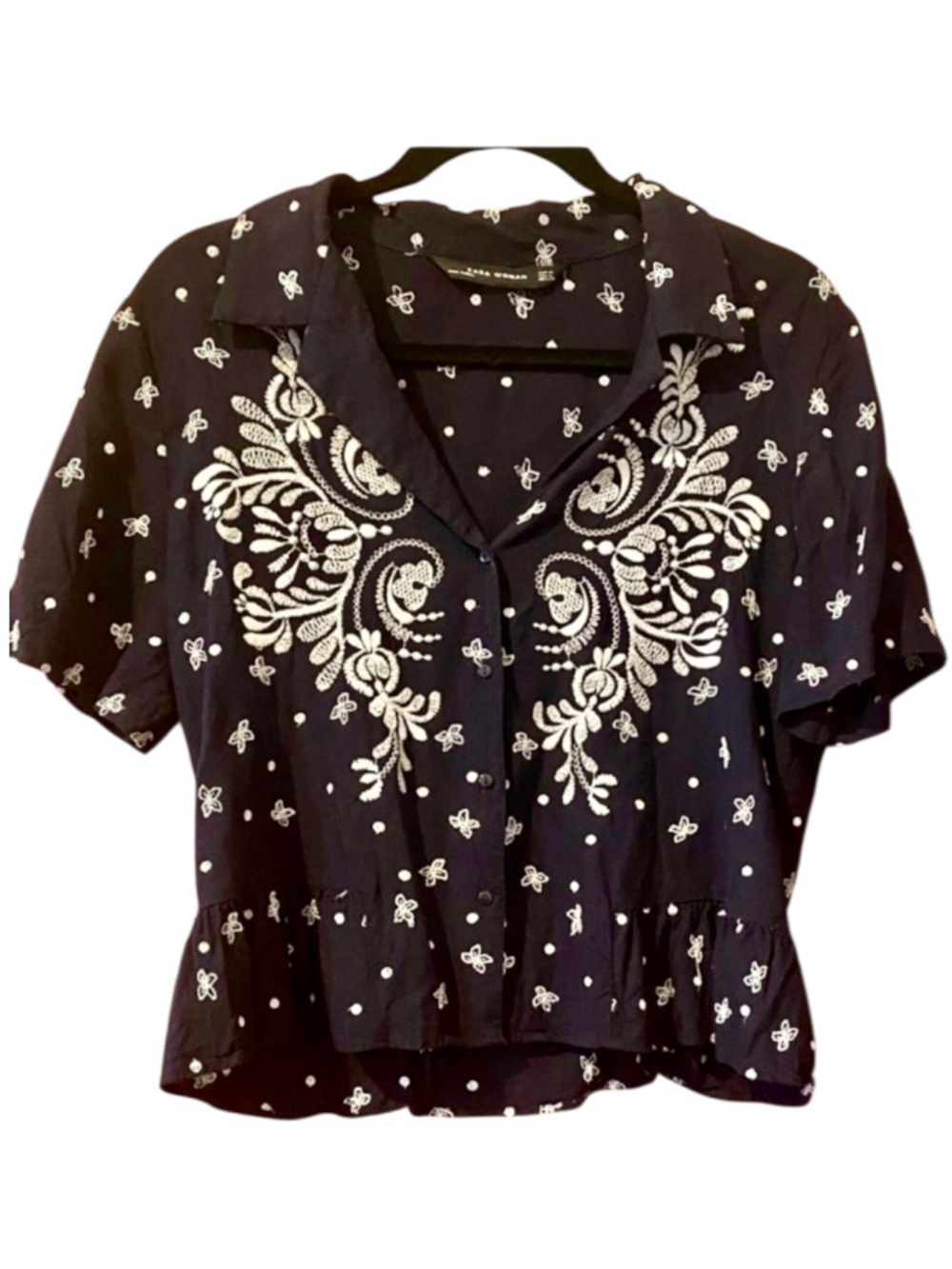 Zara Woman Navy White Floral Embroidered Peplum Blouse Size M
